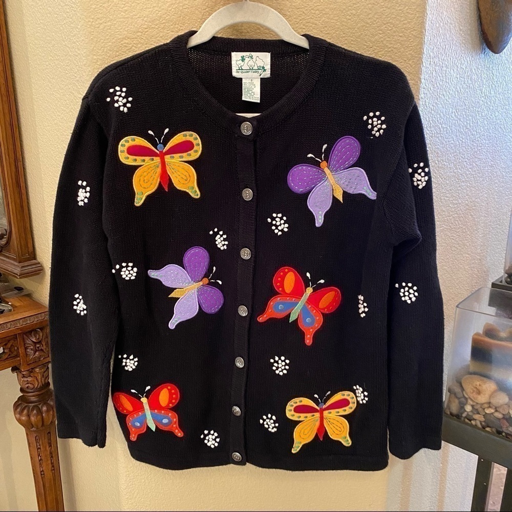 Vtg THE QUACKER FACTORY Women Embroidered Butterfly Cardigan Sweater Size Small